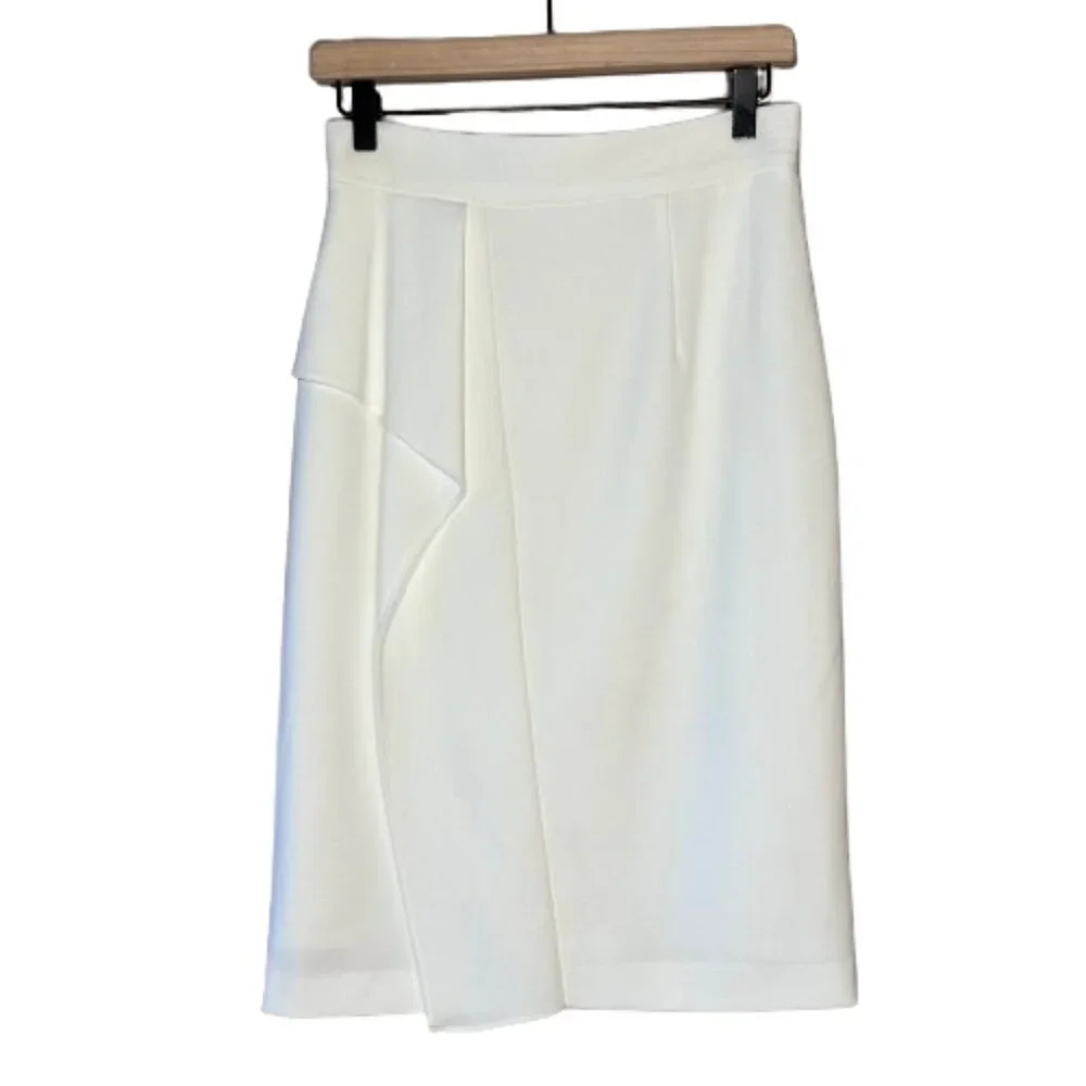 Women's 4 Antonio Melani White Pencil Skirt Ruffle Trim Slit Professional